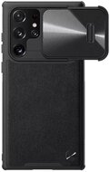 NILLKIN CAMSHIELD LEATHER műanyag telefonvédő (közepesen ütésálló, ECO bőr hatású hátlap, kamera védelem) FEKETE - Samsung Galaxy S22 Ultra 5G (SM-S908)