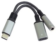PREMIUMCORD Adapter, USB-C/3,5mm Jack DAC chippel + USB-C töltéshez, M/F/F, szürke