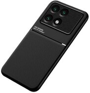 Műanyag telefonvédő (szilikon keret, ütésállóság, mágneses, bőr hatású hátlap, csíkos) FEKETE Xiaomi Poco X6 Pro 5G