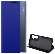 Tok álló, textil hatású (aktív FLIP, oldalra nyíló, asztali tartó, Smart View Cover) SÖTÉTKÉK Samsung Galaxy S24 (SM-S921)