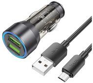 HOCO autós töltő 2 USB aljzat (18W, gyorstöltő, LED jelzés + microUSB kábel) FEKETE