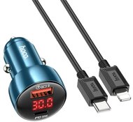 Hoco Z50_LIGHTNING_B hoco z50 autós töltő usb+type-c aljzat (48w, pd gyorstöltő 3.0, led kijelző + lightning kábel) sötétkék