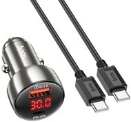 Hoco Z50_LIGHTNING_G hoco z50 autós töltő usb+type-c aljzat (48w, pd gyorstöltő 3.0, led kijelző + lightning kábel) sötétszürke