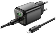 HOCO N52 hálózati töltő USB+Type-C aljzat (20W, PD gyorstöltő 3.0 + lightning kábel) FEKETE