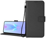 Tok álló, bőr hatású (FLIP, oldalra nyíló, asztali tartó, rombusz + kézpánt) FEKETE TCL 60 SE ,TCL 605