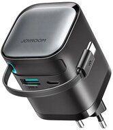 JOYROOM hálózati töltő USB+Type-C aljzat (65W, PD gyorstöltő, GaN + fix, csévélhető Type-C kábel) FEKETE