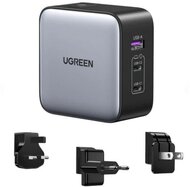 UGREEN Univerzális Nexode nemzetközi hálózati töltő, Travel adapter, 65W, GaN, 1x USB-A, 2x USB-C, US/UK/EU, szürke